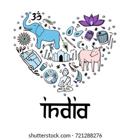 India in the form of heart. Hand drawing elements of India on a white background.