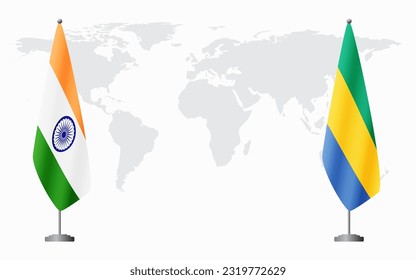 India and Gabon flags for official meeting against background of world map.