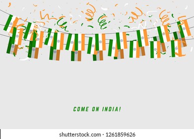 India garland flag with confetti on gray background, Hang bunting for Indian celebration template banner.