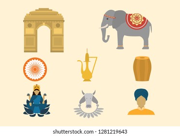 India gate, elephant, wheel, pot, turban, goddess vector icons.