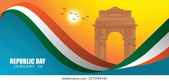 India Gate with flag ribbon vector poster for republic day