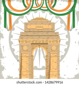 India gate monument building with flags on wheel grunge emblem background vector illustration