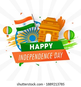India Gate Monument with Indian Flag, Ashoka Wheel, Paper Hot Air Balloons, Saffron and Green Brush Stroke Effect on White Rays Background for Happy Independence Day.