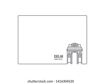 India Gate at New Delhi. 1920s triumphal arch and war memorial. Line art vector illustration. 