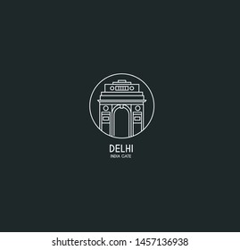 India Gate at New Delhi. 1920s triumphal arch and war memorial. Line art vector illustration. 