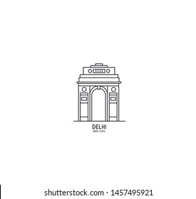 India Gate At New Delhi. 1920s Triumphal Arch And War Memorial. Line Art Vector Illustration. 