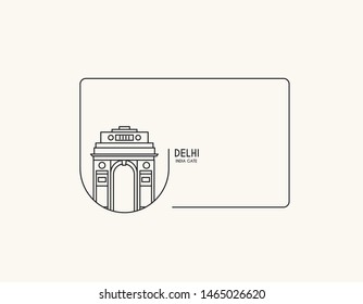 India Gate at New Delhi. 1920s triumphal arch and war memorial. Line art vector illustration. 