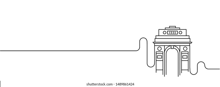 India Gate at New Delhi. 1920s triumphal arch and war memorial. Line art vector illustration. 