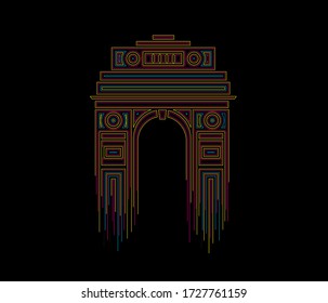 India Gate at New Delhi. 1920s triumphal arch and war memorial. Line art vector illustration. 