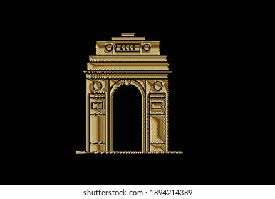 India Gate at New Delhi. 1920s triumphal arch and war memorial. Gold color art vector illustration. 