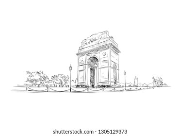 India Gate. New Delhi. India. Hand Drawn Vector Illustration