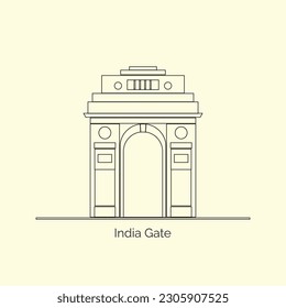 India Gate at New Delhi: Iconic 1920s Triumphal Arch and War Memorial - Line Art Vector, Illustration. Minimalist design of India Gate Delhi.