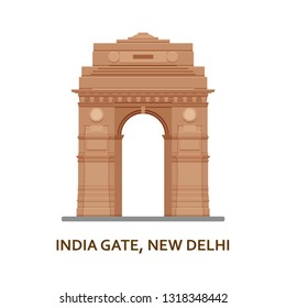 India Gate, New Delhi. Indian most famous sight. Architectural building. Famous tourist attractions.  Vector illustration.