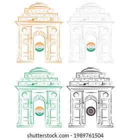 India Gate New Delhi India Vector Outline Illustration. Indian Monument And Landmark
