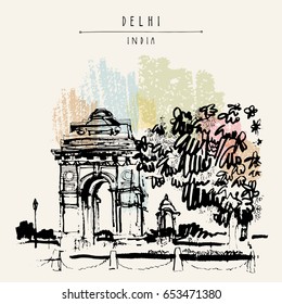 India Gate in New Delhi, India. Vintage artistic travel hand drawn postcard template. Vector illustration