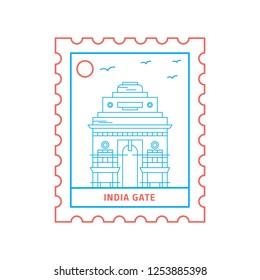 INDIA GATE postage stamp Blue and red Line Style, vector illustration