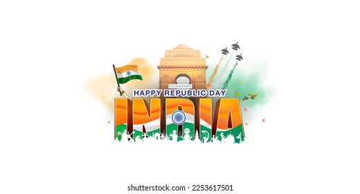 India gate Republic day parade background. Happy Republic day of India 3D text with cultural dance presentation and Tricolor flag.