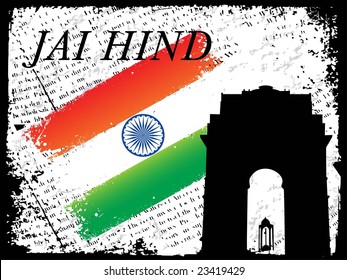 India Gate shadow in New Delhi with flag grunge vector illustration