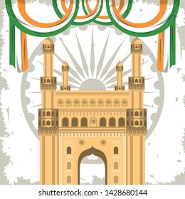 India gateway monument building with flags on wheel grunge emblem background vector illustration