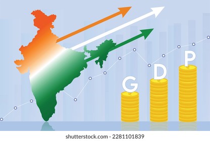 India GDP Growing, increasing and Rising as shown by stack of INR Coins and arrow going up in Indian flag colors, showing future of Indian Economy.