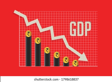 India GDP Growth Downfall, Slow Down Concept, India Economic Crisis, Corona Pandemic, Rupee Downfall Illustration, Indian Rupee. Red Background With Graph