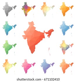 India geometric polygonal, mosaic style maps collection. Bright abstract tessellation, low poly style, modern design. India polygonal maps for your infographics or presentation.