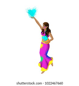 India girl jumping, scattering colored powder, spring festival, festival of colors, India happiness