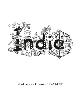 India, Goa elements set - vector handwritten lettering and sketches isolated on white background