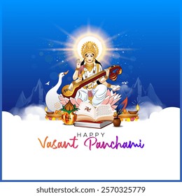 India Goddess Saraswati for Happy Vasant Panchami puja background. festival template, greeting card, post, banner drawing and design.