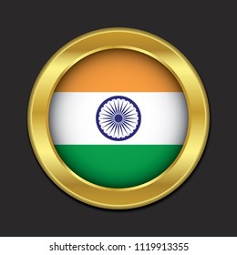 India golden button with the flag symbol of Indian flag in the center. Vector illustration isolated on black background