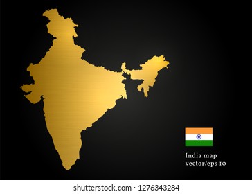 India golden territory map vector illustration. Flag and emblem design on black gradient background. Gold texture surface.