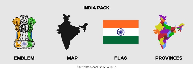 India Graphics Pack. India Flag. India Map. India Emblem. Editable EPS file with Map, Emblem, Flag and Divisional Map.