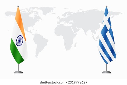 Banderas de India y Grecia para una reunión oficial en el fondo del mapa mundial.