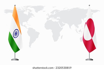 India and Greenland flags for official meeting against background of world map.
