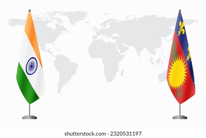 India and Guadeloupe flags for official meeting against background of world map.