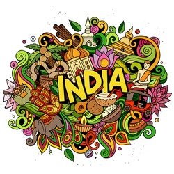 Dibujo A Mano De Doodles De India. Divertido Diseño De Viajes. Fondo Vectorial De Arte Creativo. Texto Escrito A Mano Con Elementos Y Objetos. Composición Colorida
