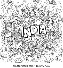 India hand drawn cartoon doodles illustration. Funny travel design. Creative art vector background. Handwritten text with elements and objects. Line art composition