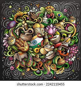 India hand drawn cartoon doodles illustration. Funny travel design. Creative art vector background. Indian symbols, elements and objects. Chalkboard composition