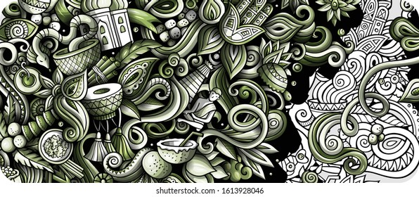 India hand drawn doodle banner. Cartoon detailed flyer. Indian identity with objects and symbols. Monochrome vector design elements background