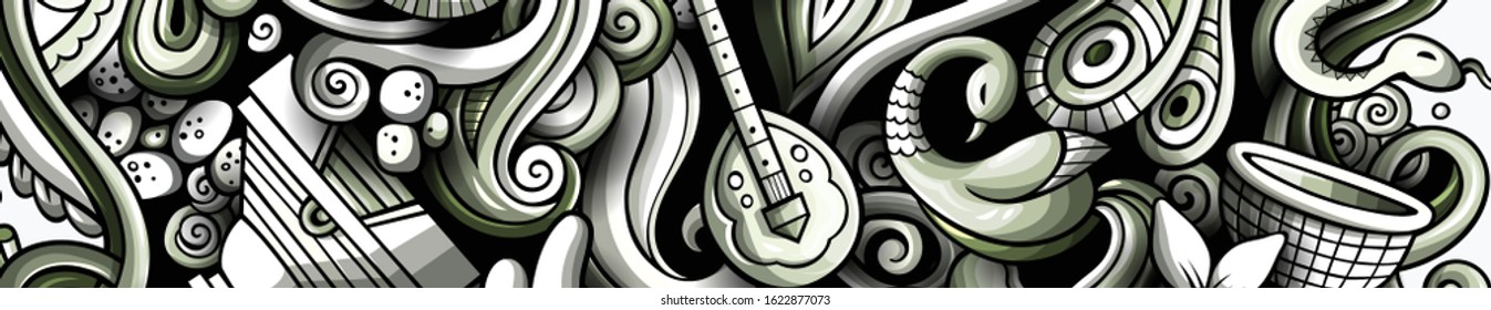 India hand drawn doodle banner. Cartoon detailed flyer. Indian identity with objects and symbols. Monochrome vector design elements background