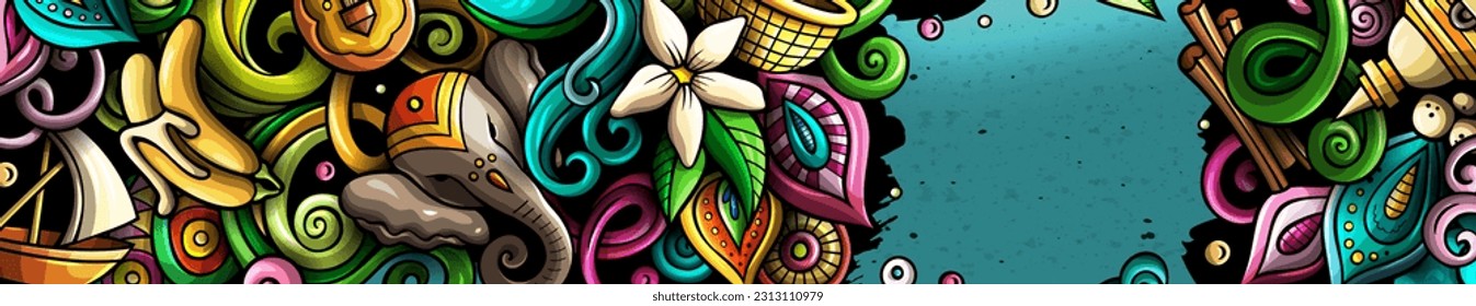 India hand drawn doodle banner. Cartoon detailed flyer. Indian identity with objects and symbols. Color vector design elements background