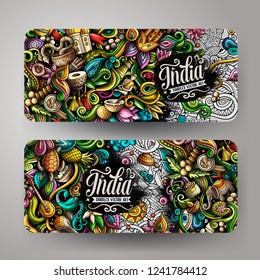 India hand drawn doodle banners set. Cartoon detailed flyers. Indian culture identity with objects and symbols. Color vector design elements illustration