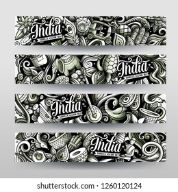 India hand drawn doodle banners set. Cartoon detailed flyers. Indian culture identity with objects and symbols. Toned vector design elements illustration