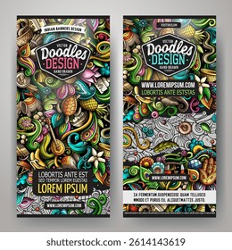 India hand drawn doodle banners set. Cartoon detailed flyers. Indian culture identity with objects and symbols. Color vector design elements illustration