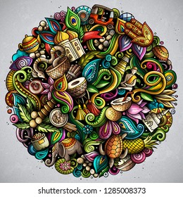 India hand drawn vector doodles round illustration. Indian poster design. Funny elements and objects cartoon background. Bright colors picture. All items are separated