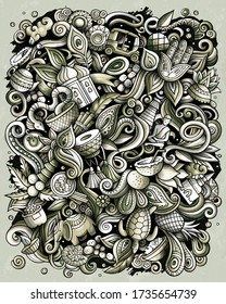 India hand drawn vector doodles illustration. Indian poster design. Funny elements and objects cartoon background. Monochrome picture. All items are separated