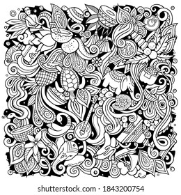 India hand drawn vector doodles illustration. Indian poster design. Funny elements and objects cartoon background. Sketchy picture. All items are separated