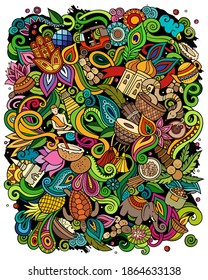 India hand drawn vector doodles illustration. Indian poster design. Funny elements and objects cartoon background. Bright colors picture. All items are separated