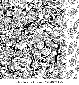 India hand drawn vector doodles illustration. Indian frame card design. Funny elements and objects cartoon background. Sketchy border. All items are separated