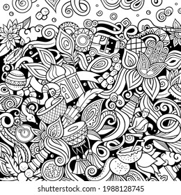 India hand drawn vector doodles illustration. Indian frame card design. Funny elements and objects cartoon background. Sketchy border. All items are separated